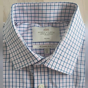 🇬🇧HAWES & CURTIS Dress Shirt, Pink Navy  Plaid, Like New!